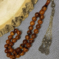 Yuvarlak Kesim Bol Damarlı & Hareli Sıkma Kehribar Tesbih – Süt & Kahve Tonları, Alpaka Püsküllü (Eski Ürün) – Kod: 1013-11